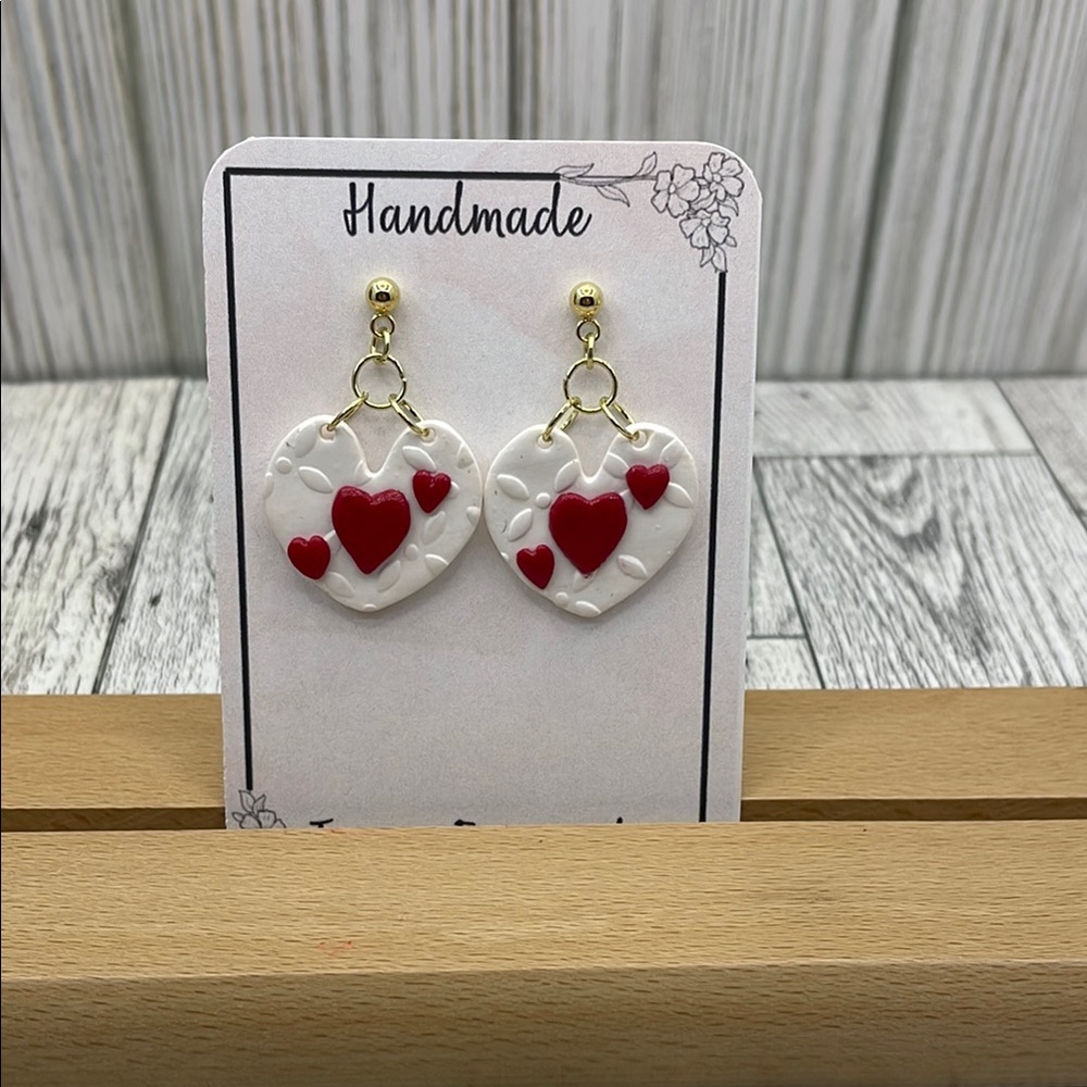 Handmade Heart Earrings - Red and White